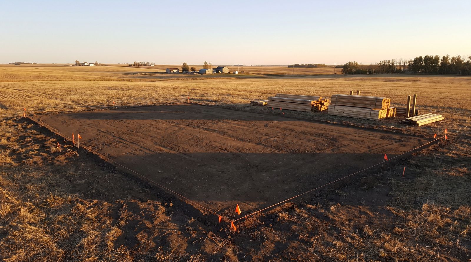 Graded building pad staged with lumber for a new pole barn at sunset